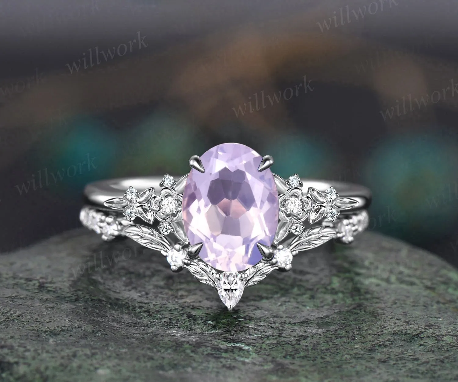 Vintage oval Lavender Amethyst engagement ring set 14k rose gold leaf floral nature inspired diamond ring unique promise wedding ring women sold by Willwork Jewelry product image thumbnail 4