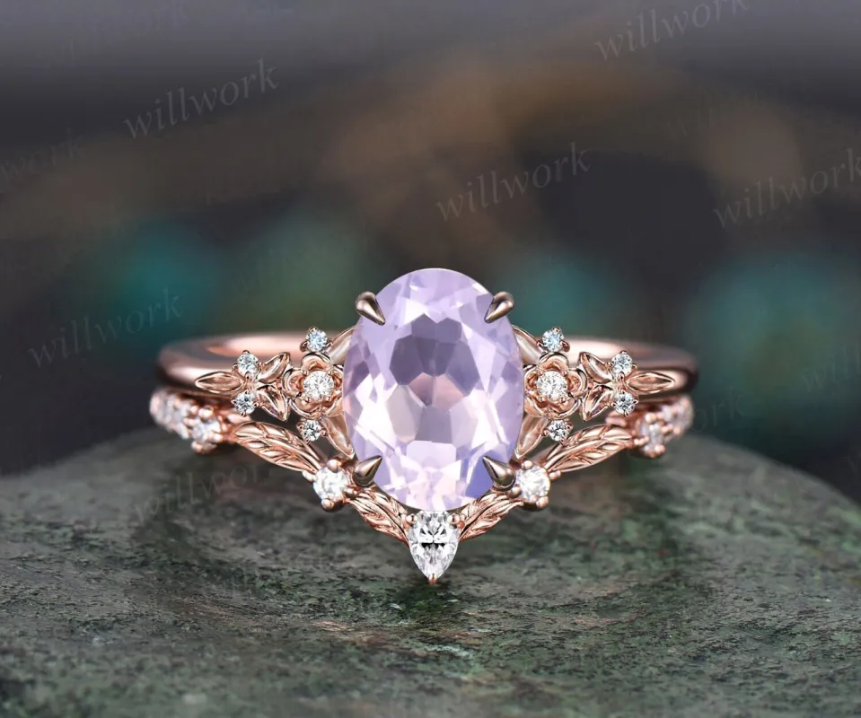 Vintage oval Lavender Amethyst engagement ring set 14k rose gold leaf floral nature inspired diamond ring unique promise wedding ring women sold by Willwork Jewelry