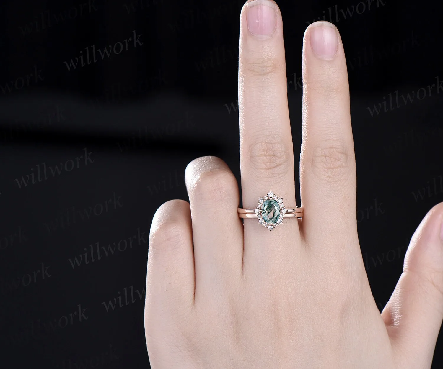Oval green moss agate engagement ring snowdrift halo diamond bridal set solid 14k rose gold stacking Solitaire wedding ring band women gift sold by Willwork Jewelry product image thumbnail 2