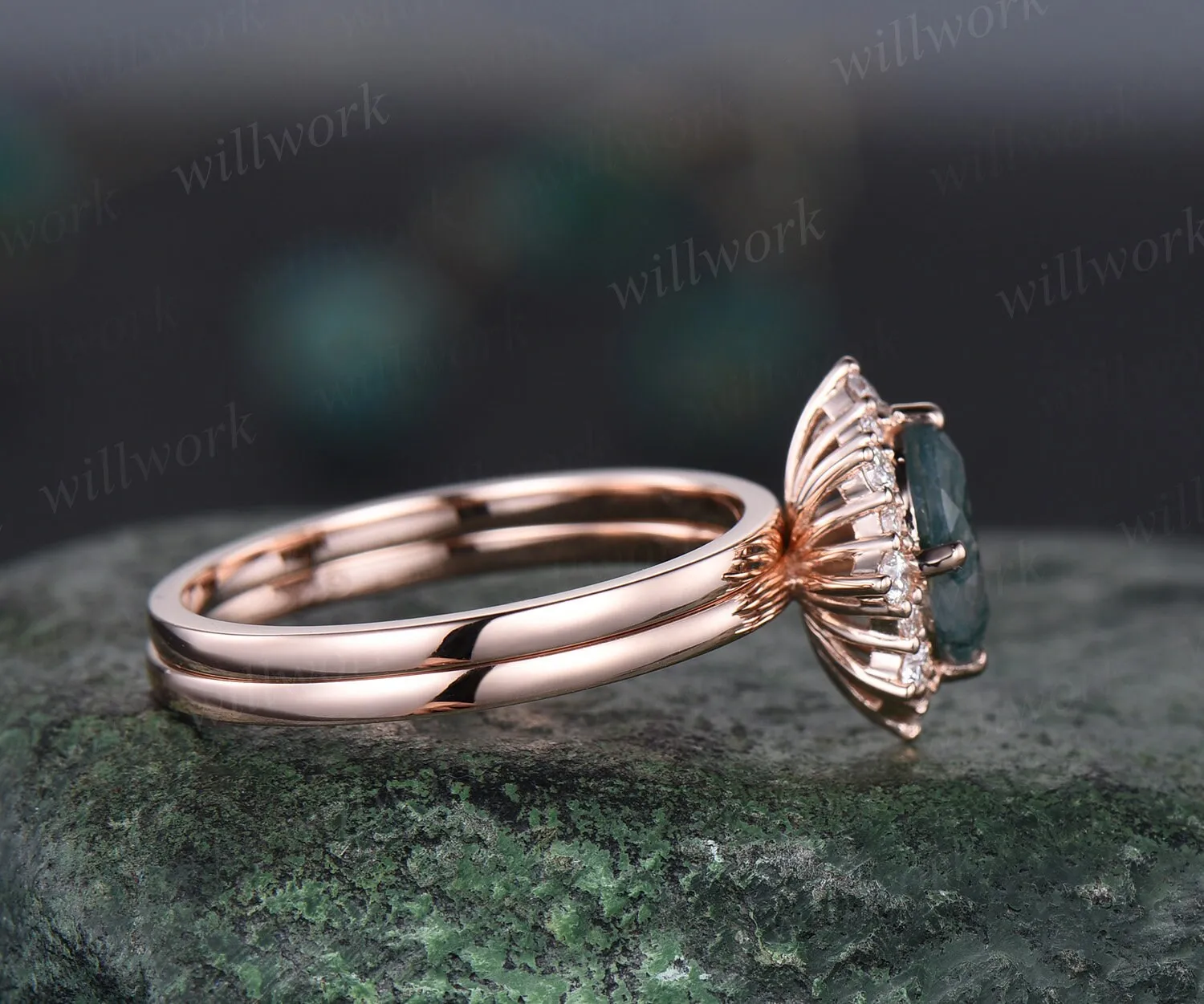 Oval green moss agate engagement ring snowdrift halo diamond bridal set solid 14k rose gold stacking Solitaire wedding ring band women gift sold by Willwork Jewelry product image thumbnail 4