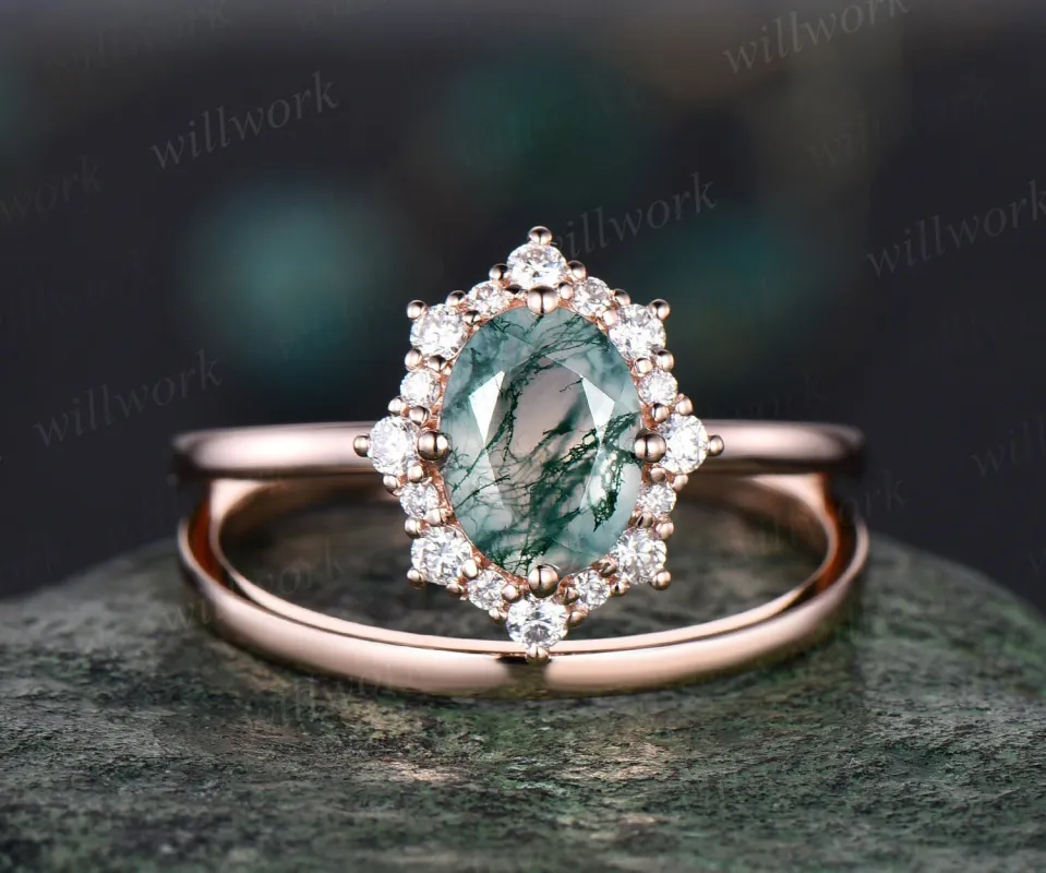 Oval green moss agate engagement ring snowdrift halo diamond bridal set solid 14k rose gold stacking Solitaire wedding ring band women gift sold by Willwork Jewelry