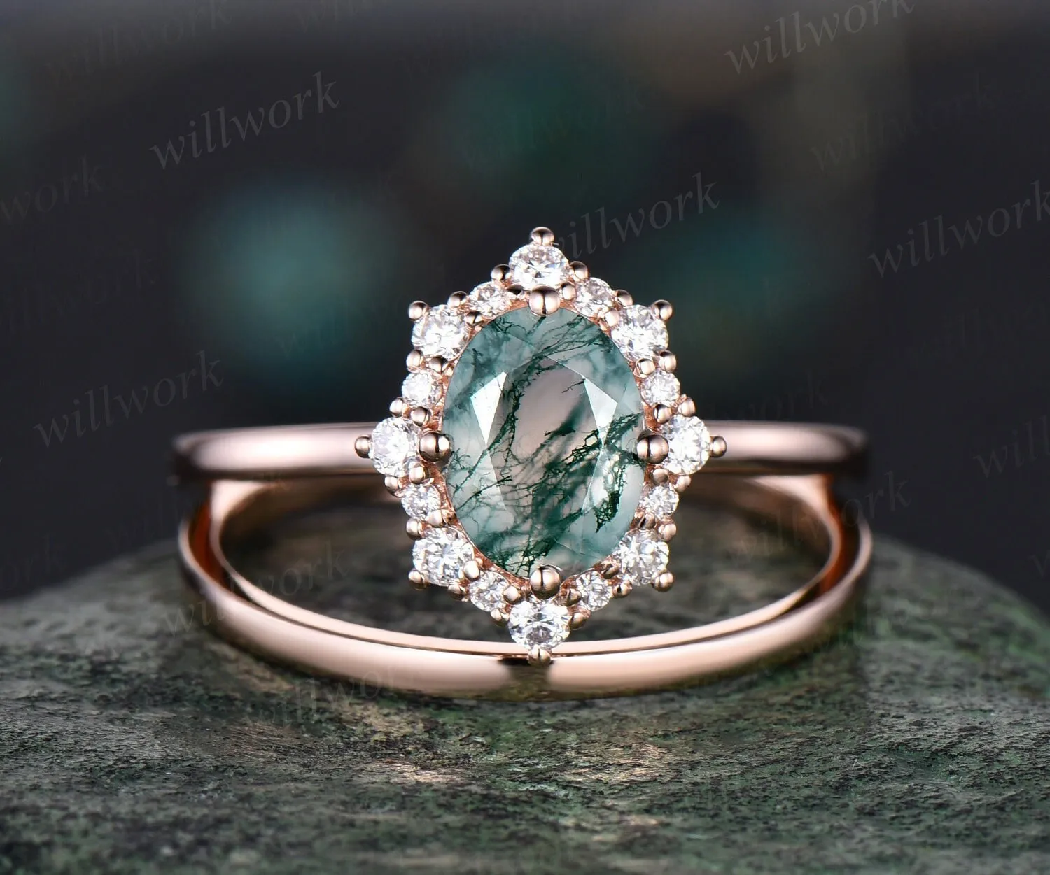 Oval green moss agate engagement ring snowdrift halo diamond bridal set solid 14k rose gold stacking Solitaire wedding ring band women gift sold by Willwork Jewelry