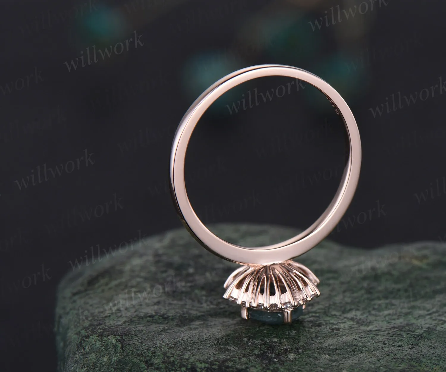 Oval green moss agate engagement ring snowdrift halo diamond bridal set solid 14k rose gold stacking Solitaire wedding ring band women gift sold by Willwork Jewelry product image thumbnail 5