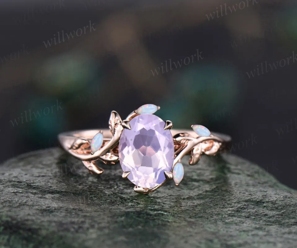 Oval Lavender Amethyst ring vintage leaf marquise opal ring women five stone unique nature inspired engagement ring twig wedding ring gift sold by Willwork Jewelry