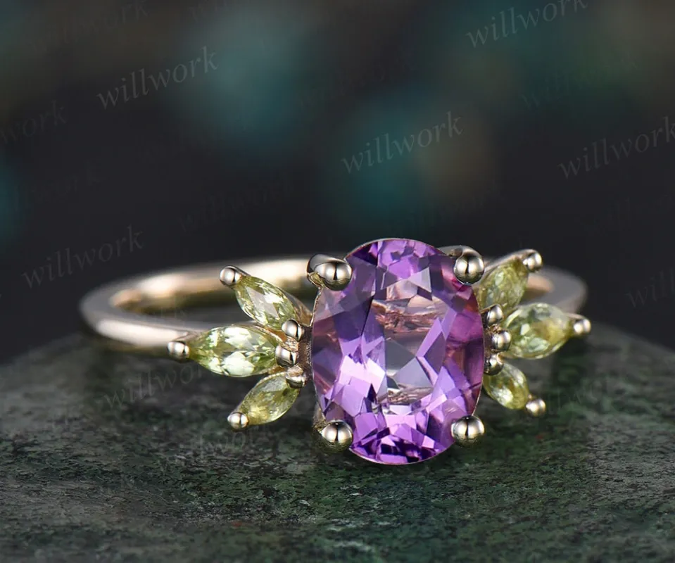 2ct oval purple amethyst ring vintage marquise peridot ring yellow gold unique engagement ring women gemstone wing ring promise ring her made by Willwork Jewelry