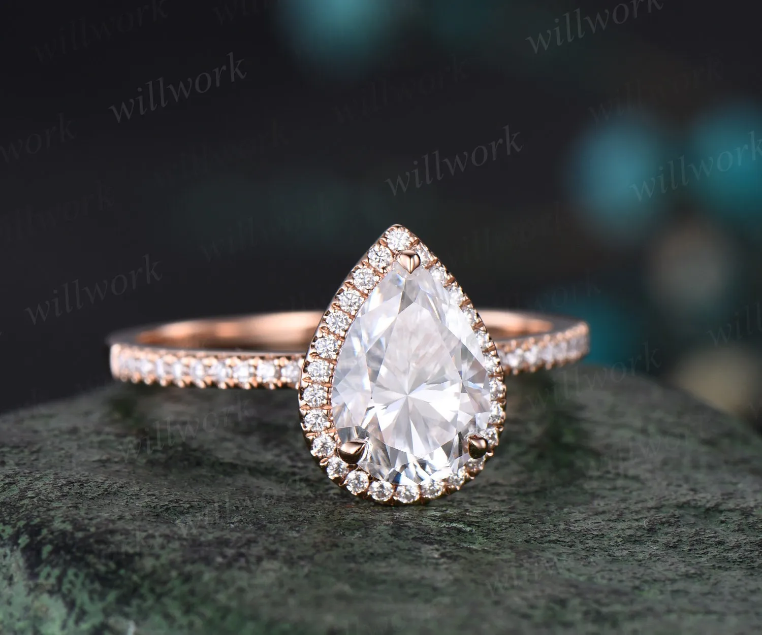 Vintage pear shaped moissanite engagement ring rose gold half eternity halo diamond ring unique stacking wedding bridal ring women sold by Willwork Jewelry product image thumbnail 3