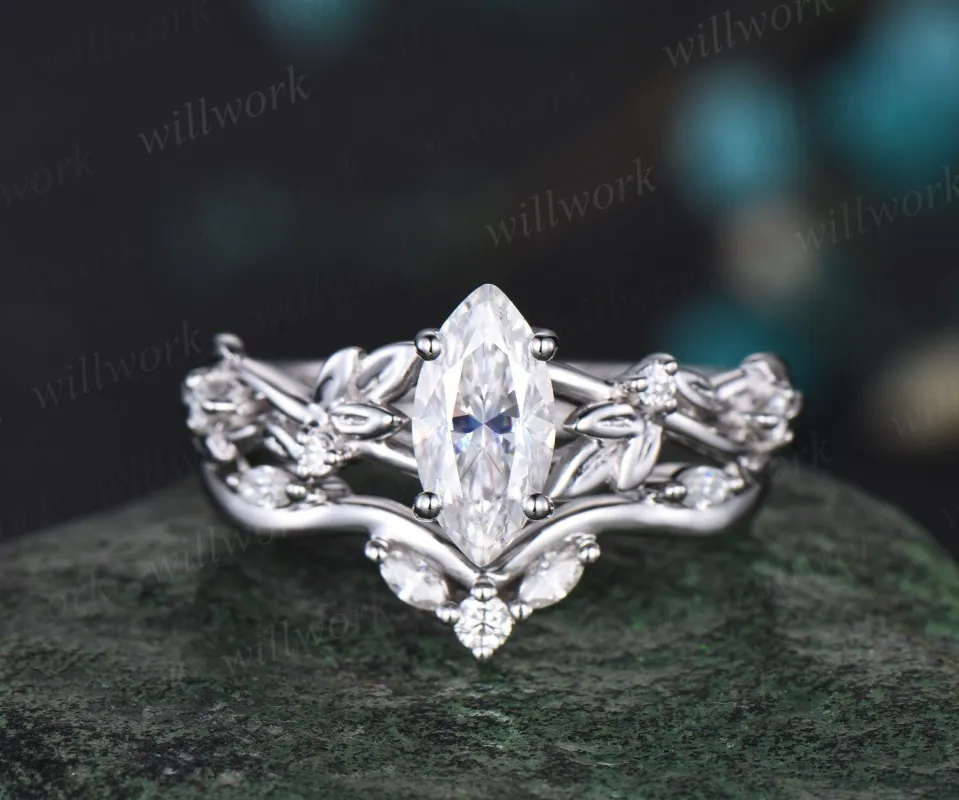 Vintage marquise cut moissanite engagement ring women twig leaf Nature inspired white gold ring branch diamond bridal ring set gift sold by Willwork Jewelry