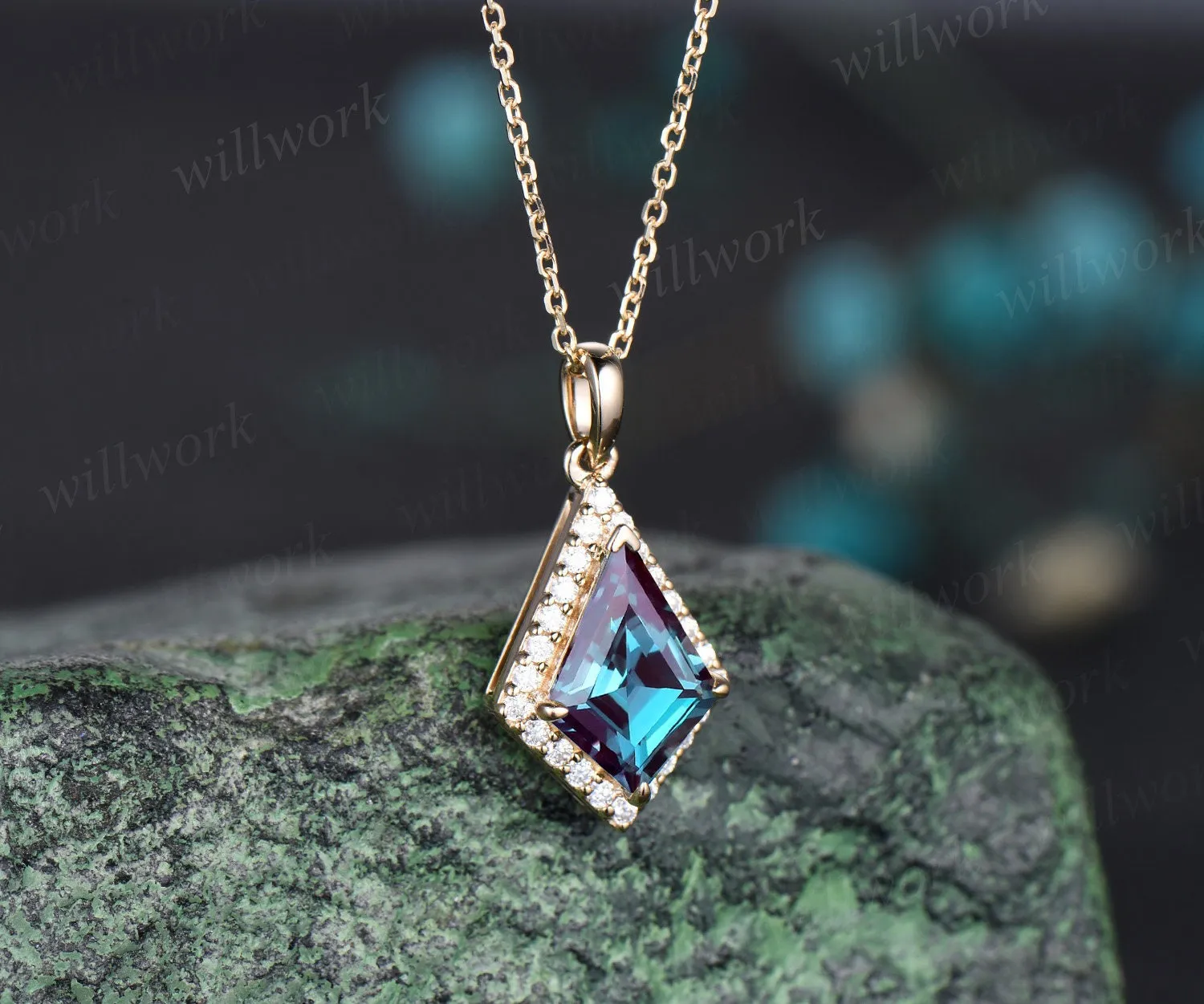 Vintage kite cut Alexandrite necklace 14k rose gold June birthstone dainty halo moissanite diamond pendant gift for women jewelry sold by Willwork Jewelry product image thumbnail 4