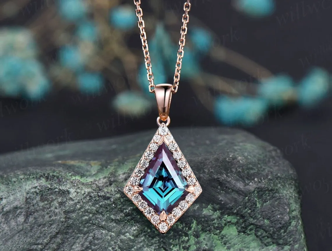 Vintage kite cut Alexandrite necklace 14k rose gold June birthstone dainty halo moissanite diamond pendant gift for women jewelry sold by Willwork Jewelry