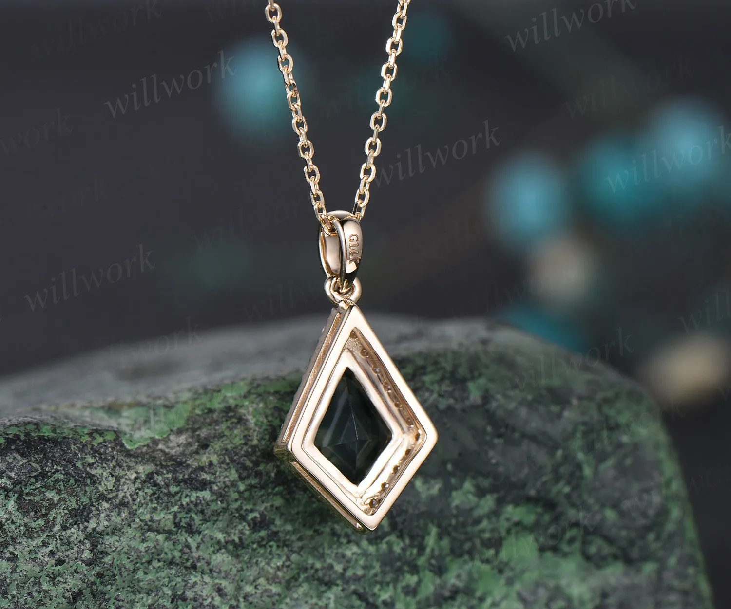 Vintage kite cut Alexandrite necklace 14k rose gold June birthstone dainty halo moissanite diamond pendant gift for women jewelry sold by Willwork Jewelry product image thumbnail 5