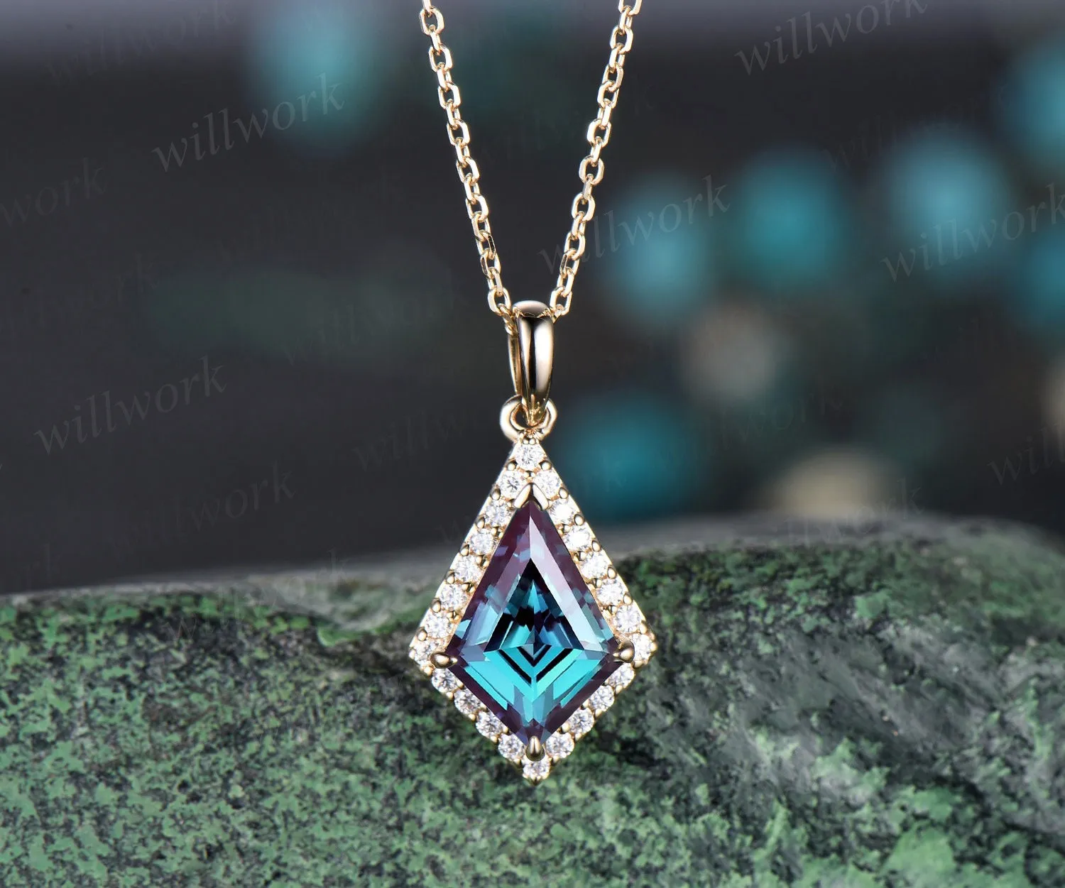 Vintage kite cut Alexandrite necklace 14k rose gold June birthstone dainty halo moissanite diamond pendant gift for women jewelry sold by Willwork Jewelry product image thumbnail 3