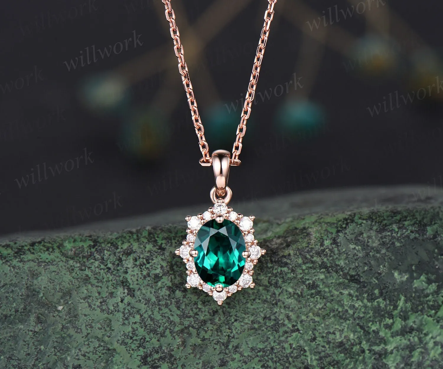 Vintage oval green emerald necklace solid 14k 18k rose gold halo snowdrift diamond pendant women May birthstone anniversary gift jewelry sold by Willwork Jewelry