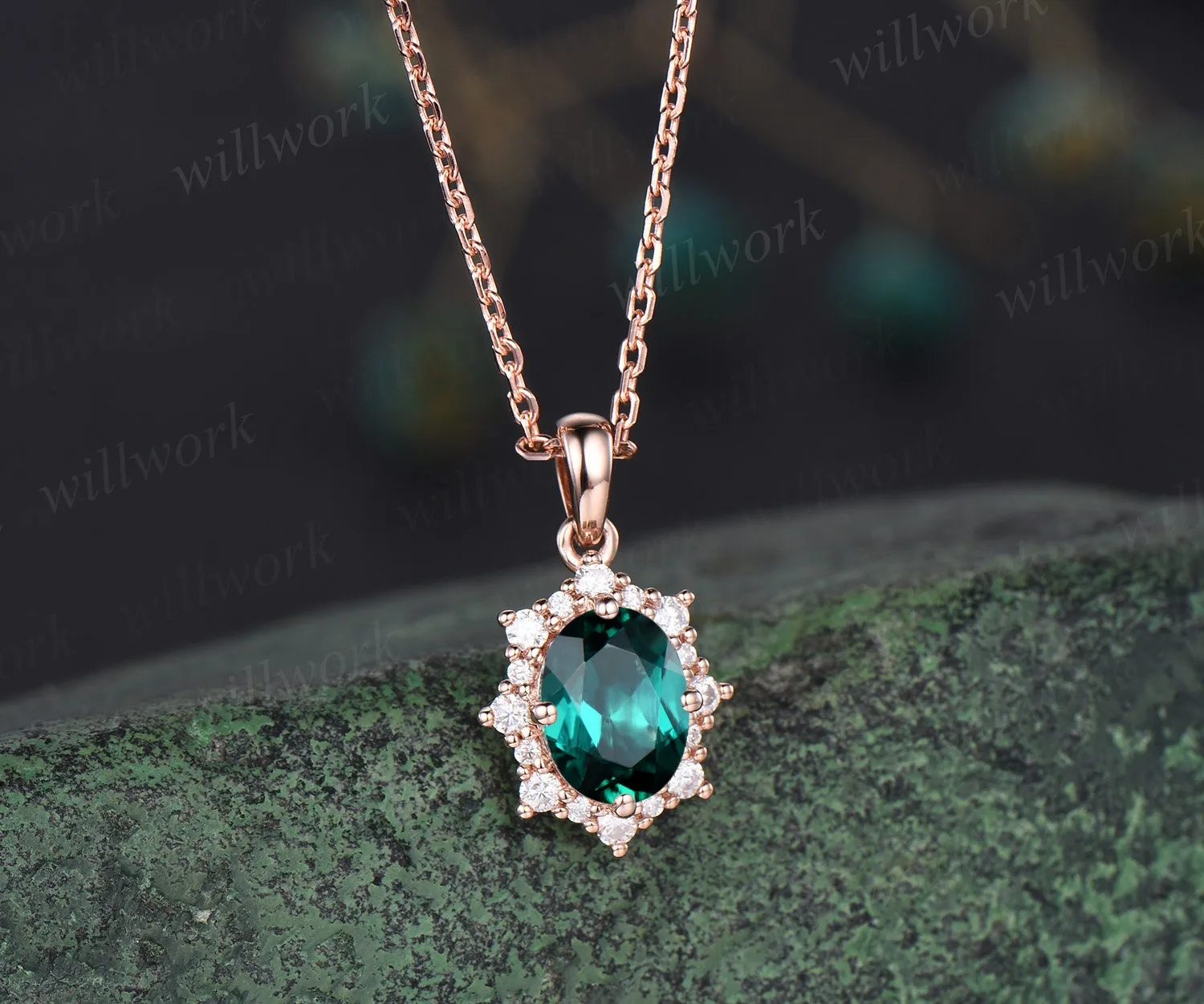 Vintage oval green emerald necklace solid 14k 18k rose gold halo snowdrift diamond pendant women May birthstone anniversary gift jewelry sold by Willwork Jewelry product image thumbnail 3