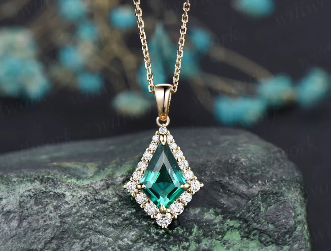 Kite cut green emerald necklace unique halo snowdrift moissanite necklace pendant yellow gold women mother bridal promise anniversary gift sold by Willwork Jewelry
