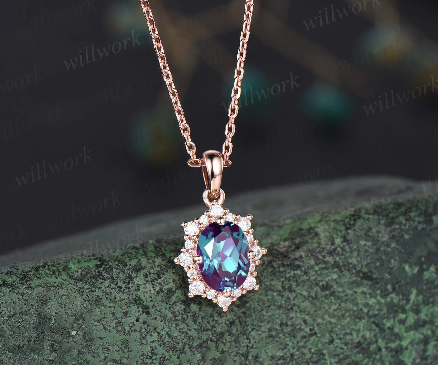 Unique oval alexandrite necklace rose gold star snowdrift halo moissanite diamond necklace pendant women bridal anniversary gift jewelry sold by Willwork Jewelry product image thumbnail 3