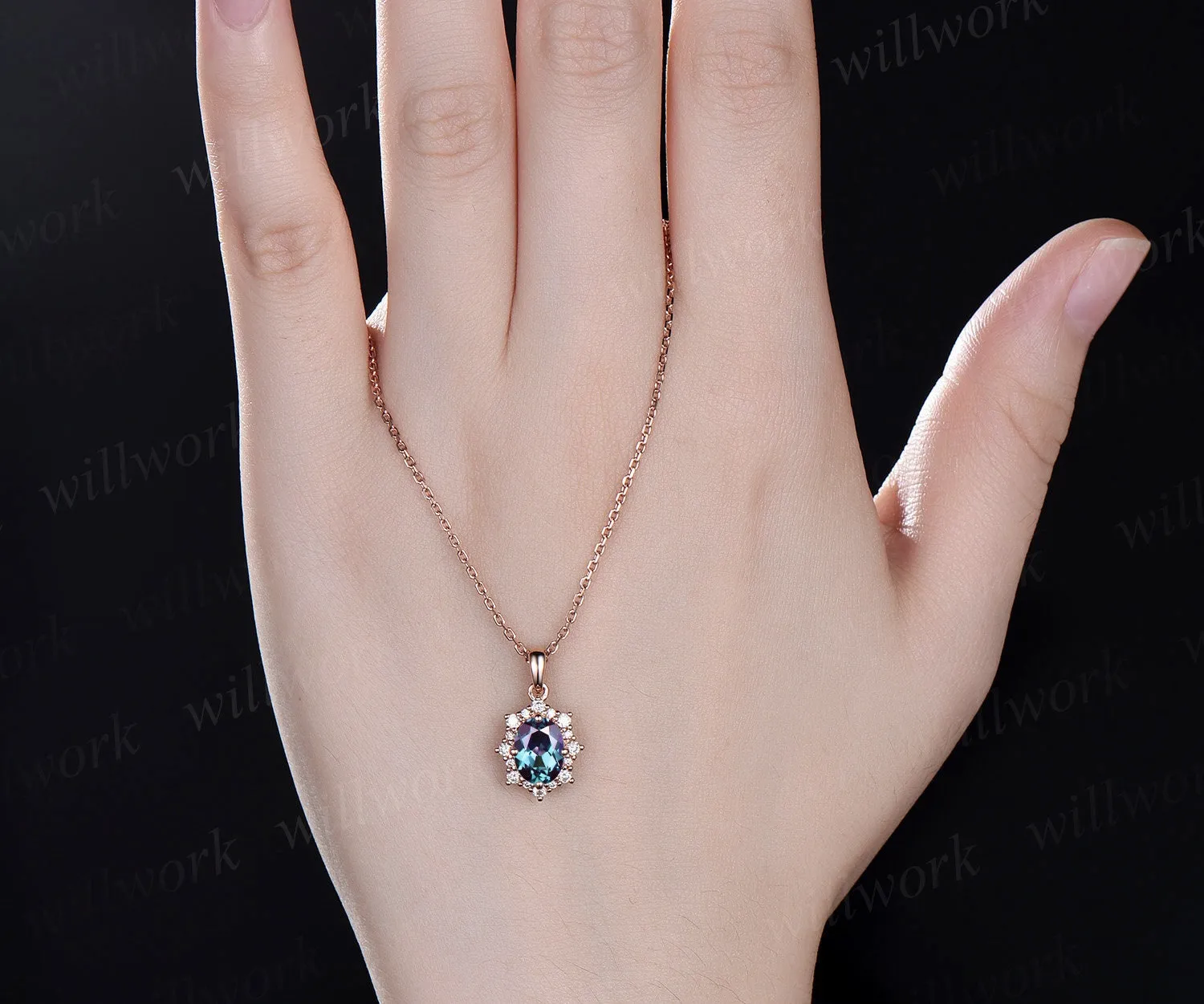 Unique oval alexandrite necklace rose gold star snowdrift halo moissanite diamond necklace pendant women bridal anniversary gift jewelry sold by Willwork Jewelry product image thumbnail 4