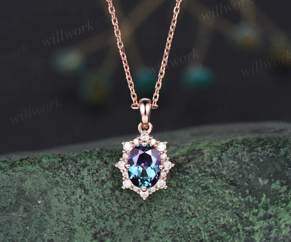 Unique oval alexandrite necklace rose gold star snowdrift halo moissanite diamond necklace pendant women bridal anniversary gift jewelry sold by Willwork Jewelry