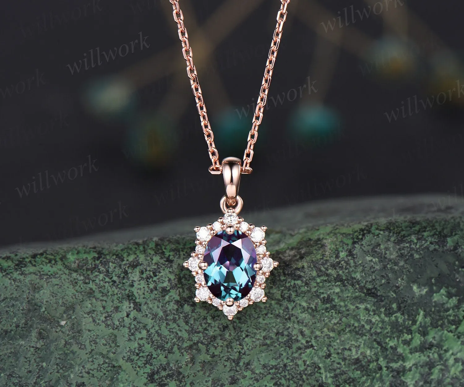 Unique oval alexandrite necklace rose gold star snowdrift halo moissanite diamond necklace pendant women bridal anniversary gift jewelry sold by Willwork Jewelry