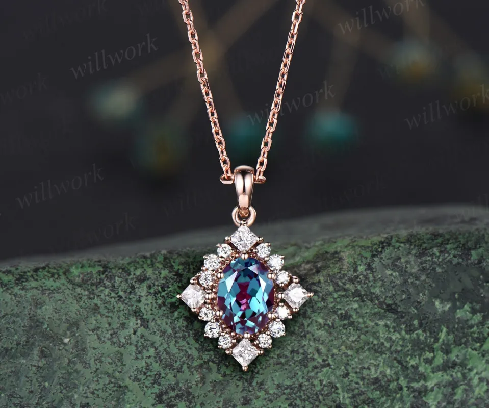 Unique oval cut alexandrite necklace solid 14k rose gold halo princess moissanite diamond necklace pendant women anniversary gift jewelry sold by Willwork Jewelry
