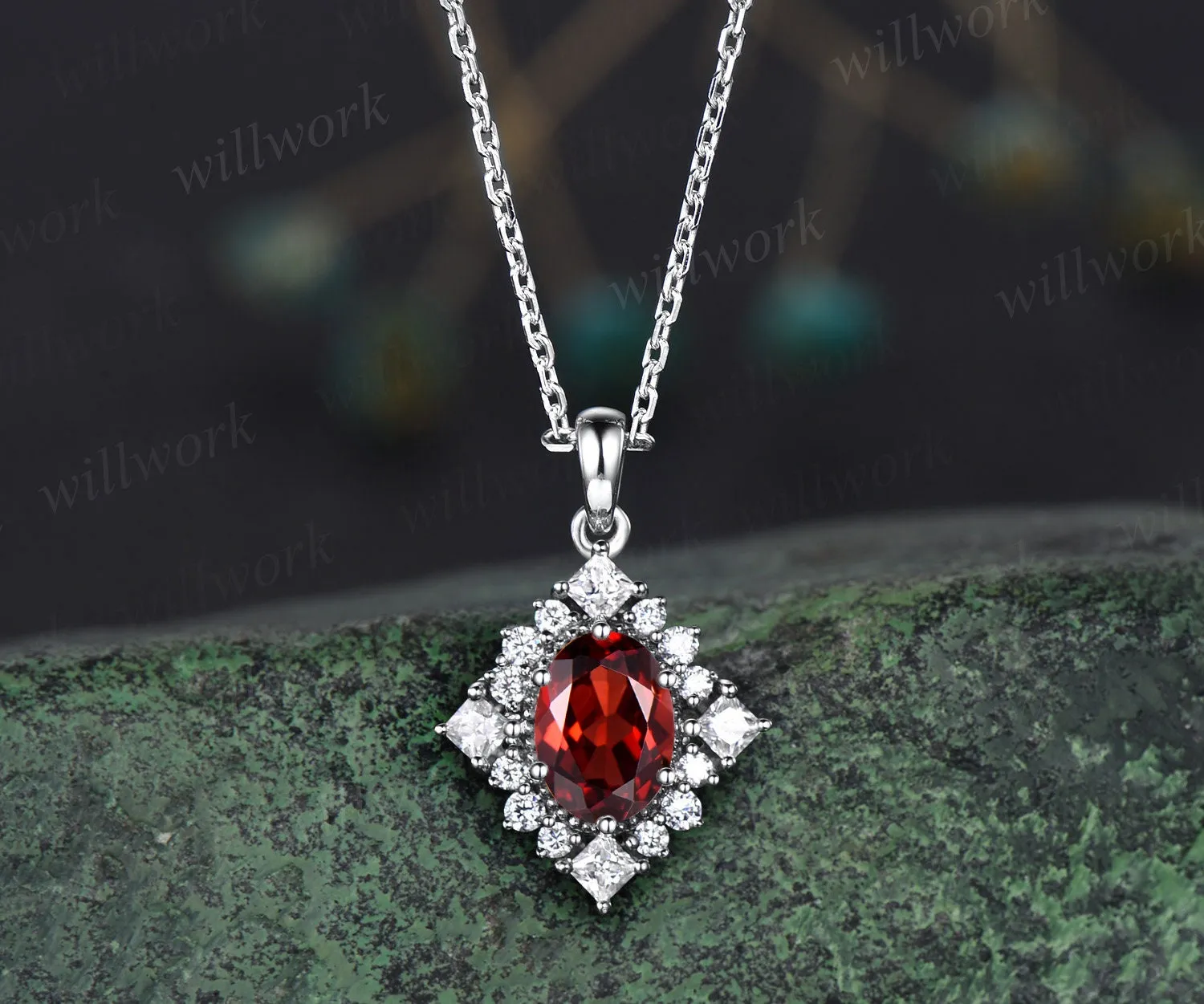 Vintage oval red garnet necklace solid 14k 18k rose gold art deco princess moissanite diamond necklace pendant women bridal promise gift sold by Willwork Jewelry product image thumbnail 4