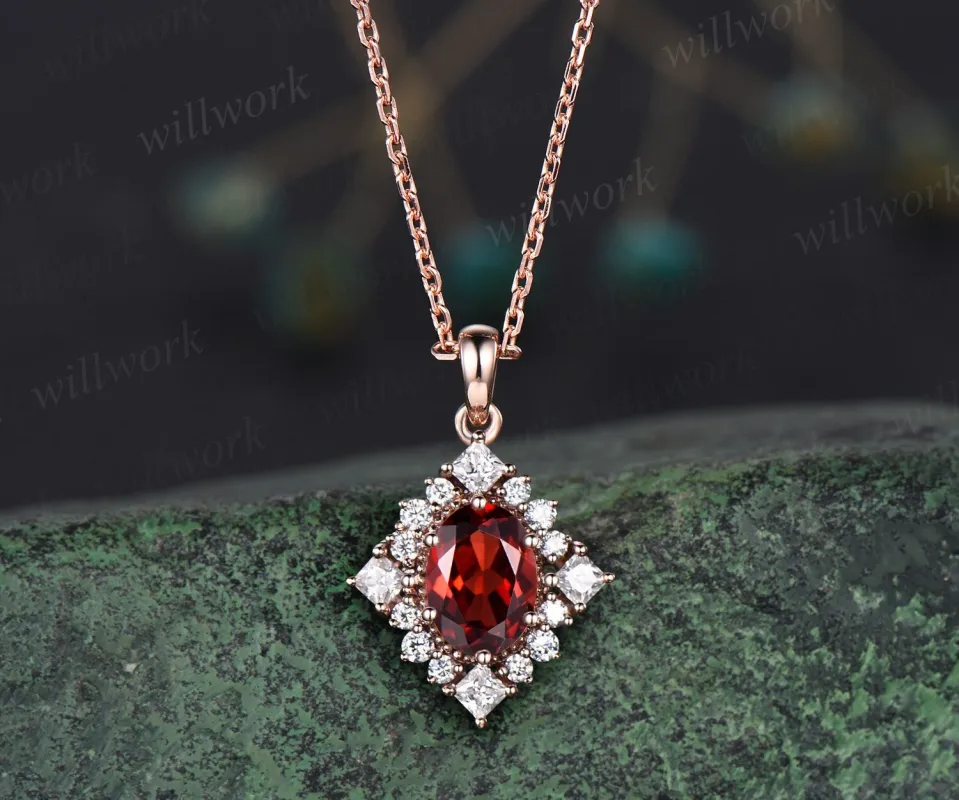 Vintage oval red garnet necklace solid 14k 18k rose gold art deco princess moissanite diamond necklace pendant women bridal promise gift sold by Willwork Jewelry