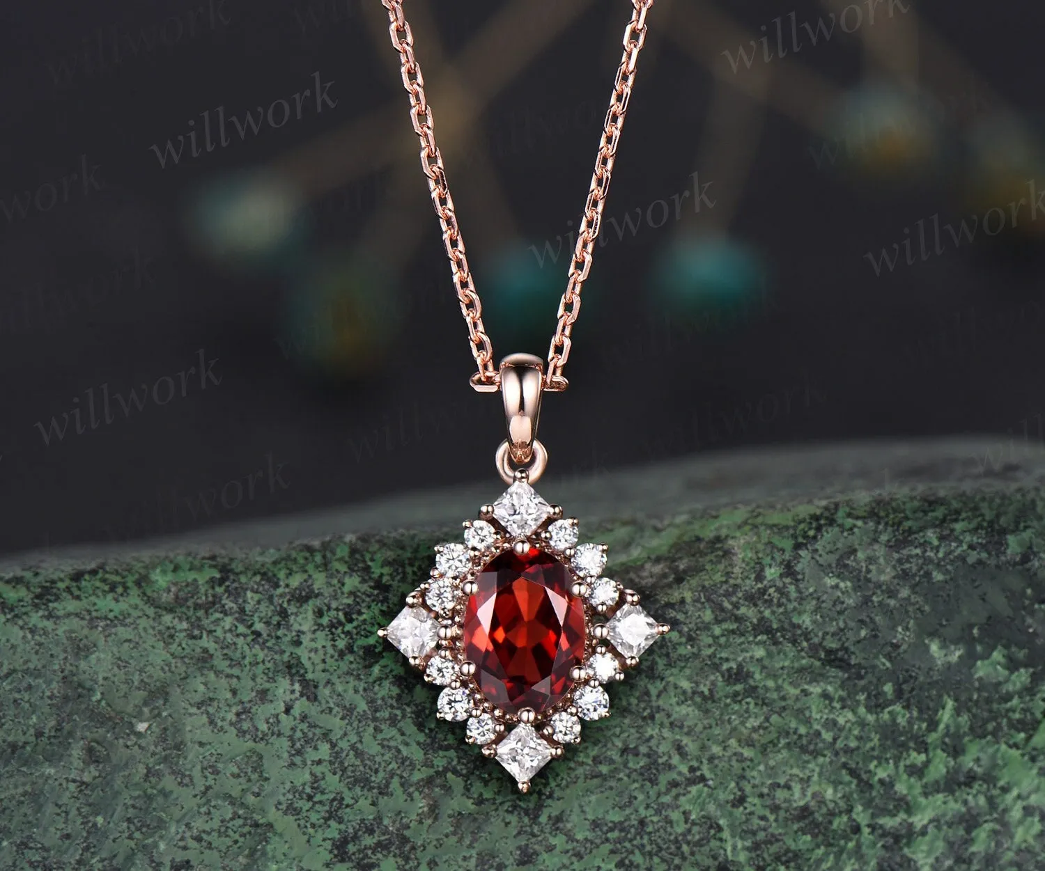 Vintage oval red garnet necklace solid 14k 18k rose gold art deco princess moissanite diamond necklace pendant women bridal promise gift sold by Willwork Jewelry