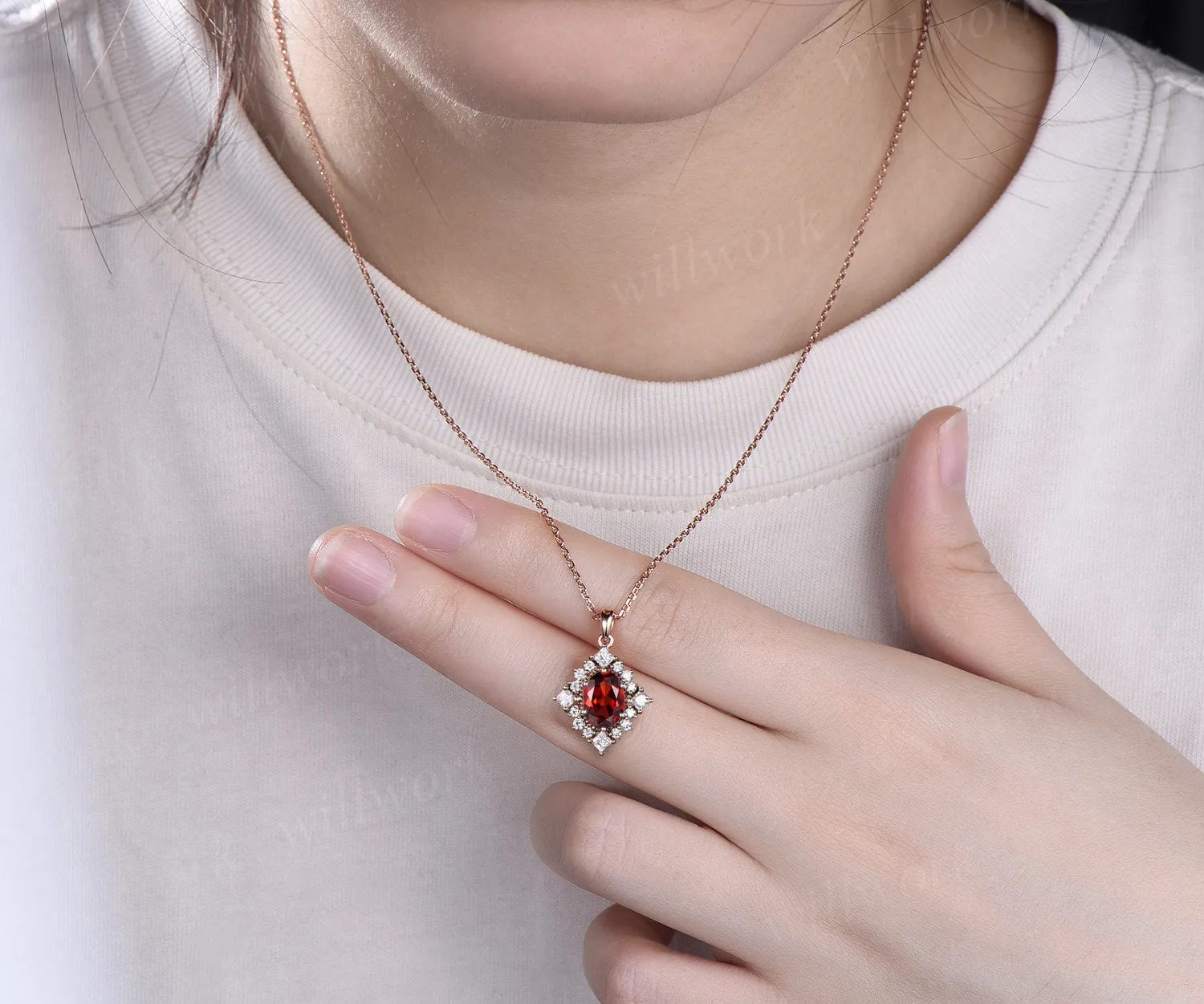 Vintage oval red garnet necklace solid 14k 18k rose gold art deco princess moissanite diamond necklace pendant women bridal promise gift sold by Willwork Jewelry product image thumbnail 2