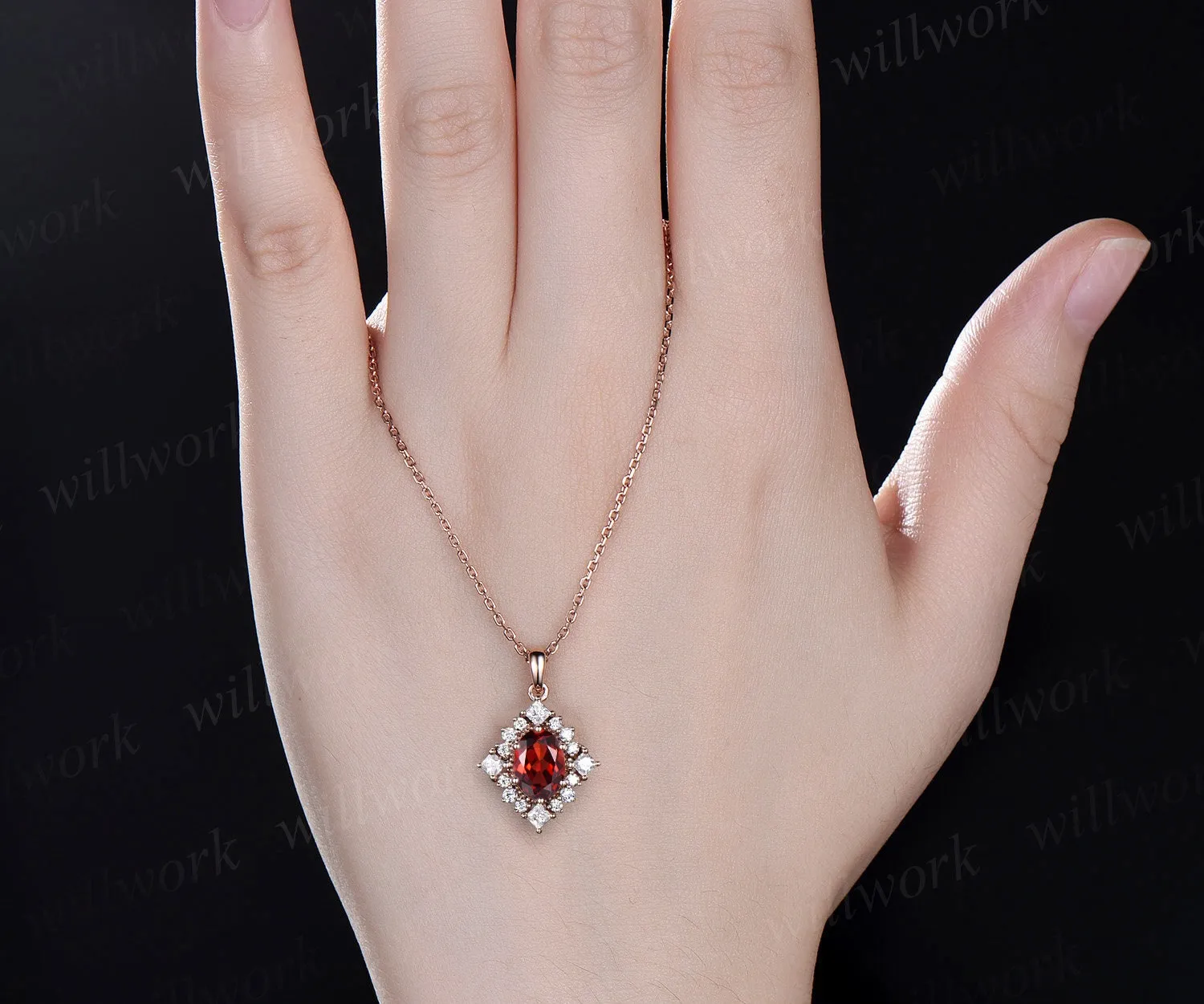 Vintage oval red garnet necklace solid 14k 18k rose gold art deco princess moissanite diamond necklace pendant women bridal promise gift sold by Willwork Jewelry product image thumbnail 3
