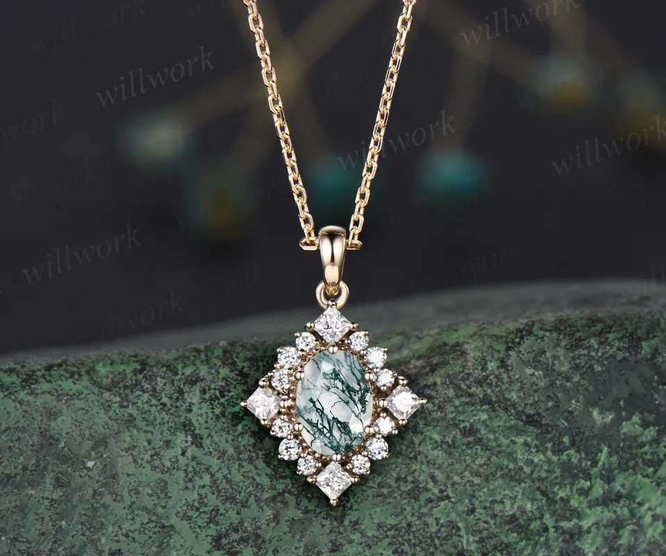 Unique oval green moss agate necklace solid 14k 18k gold halo princess moissanite diamond necklace pendant women anniversary gift jewelry sold by Willwork Jewelry