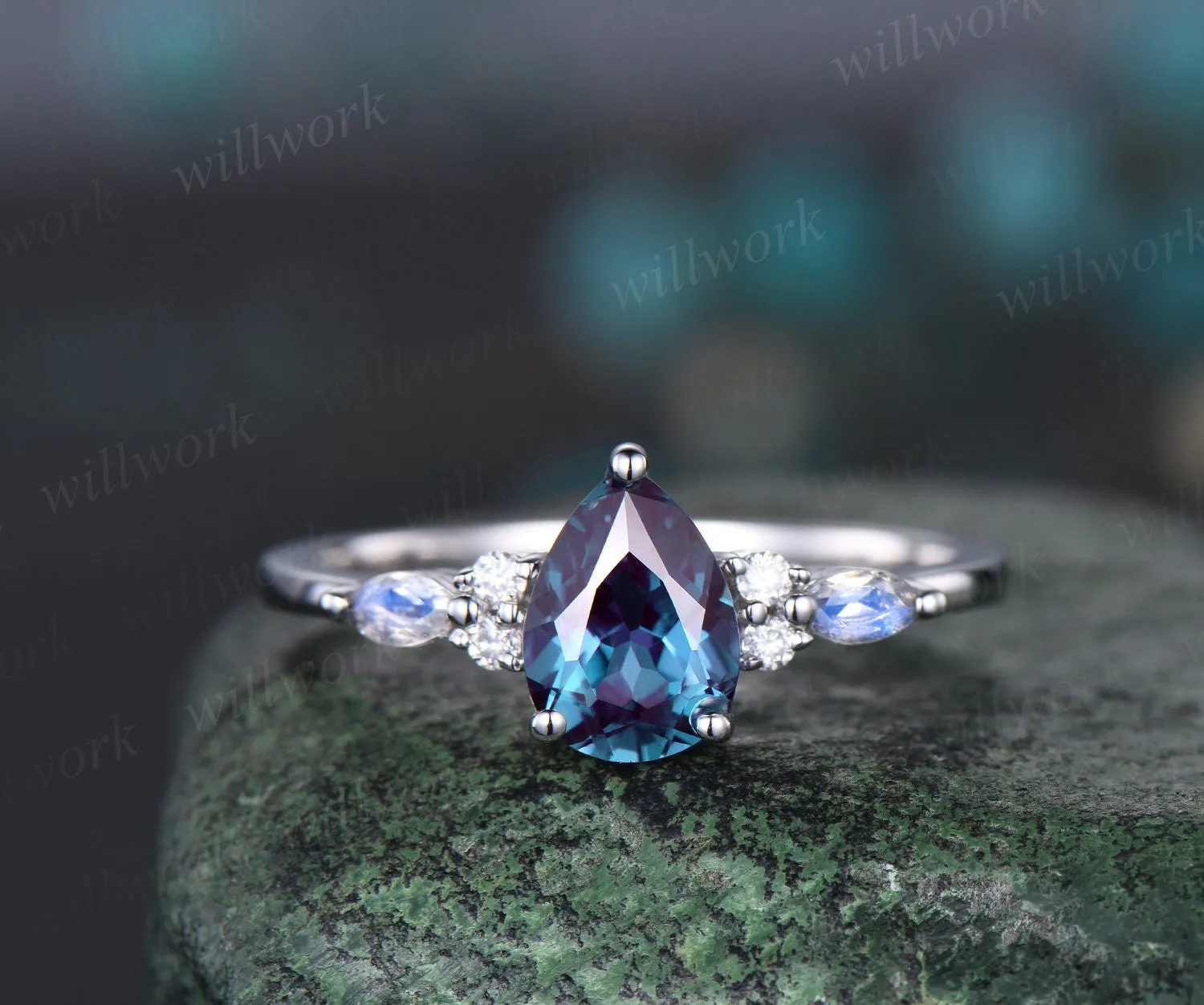 Pear shaped alexandrite engagement ring solid 14k white gold marquise moonstone ring vintage diamond wedding promise ring women her jewelry sold by Willwork Jewelry product image thumbnail 5