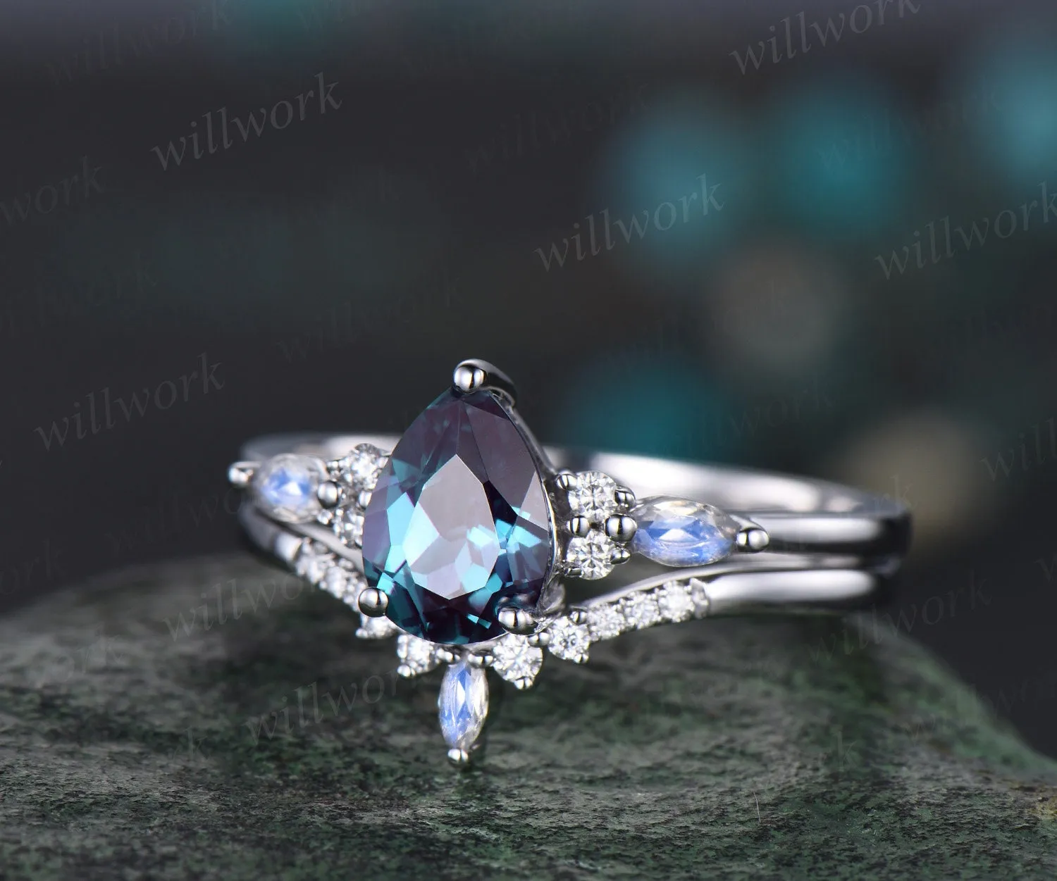 Pear shaped alexandrite engagement ring solid 14k white gold marquise moonstone ring vintage diamond wedding promise ring women her jewelry sold by Willwork Jewelry product image thumbnail 3