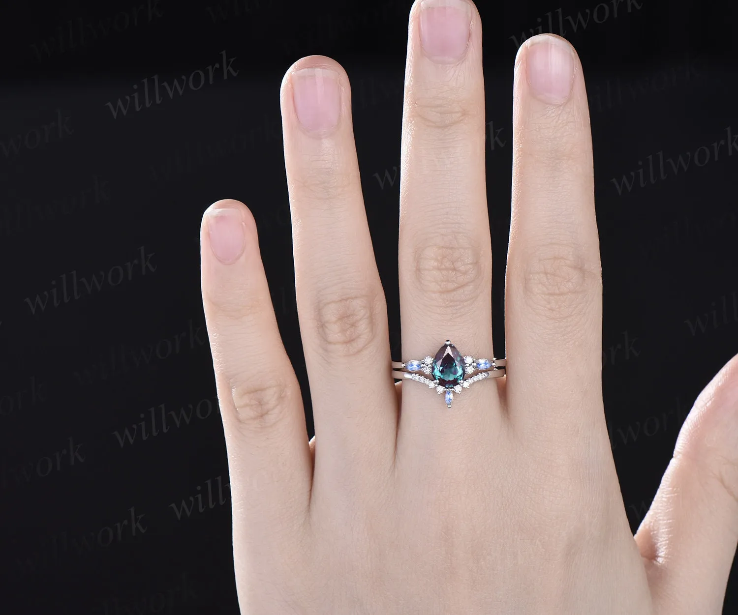Pear shaped alexandrite engagement ring solid 14k white gold marquise moonstone ring vintage diamond wedding promise ring women her jewelry sold by Willwork Jewelry product image thumbnail 2