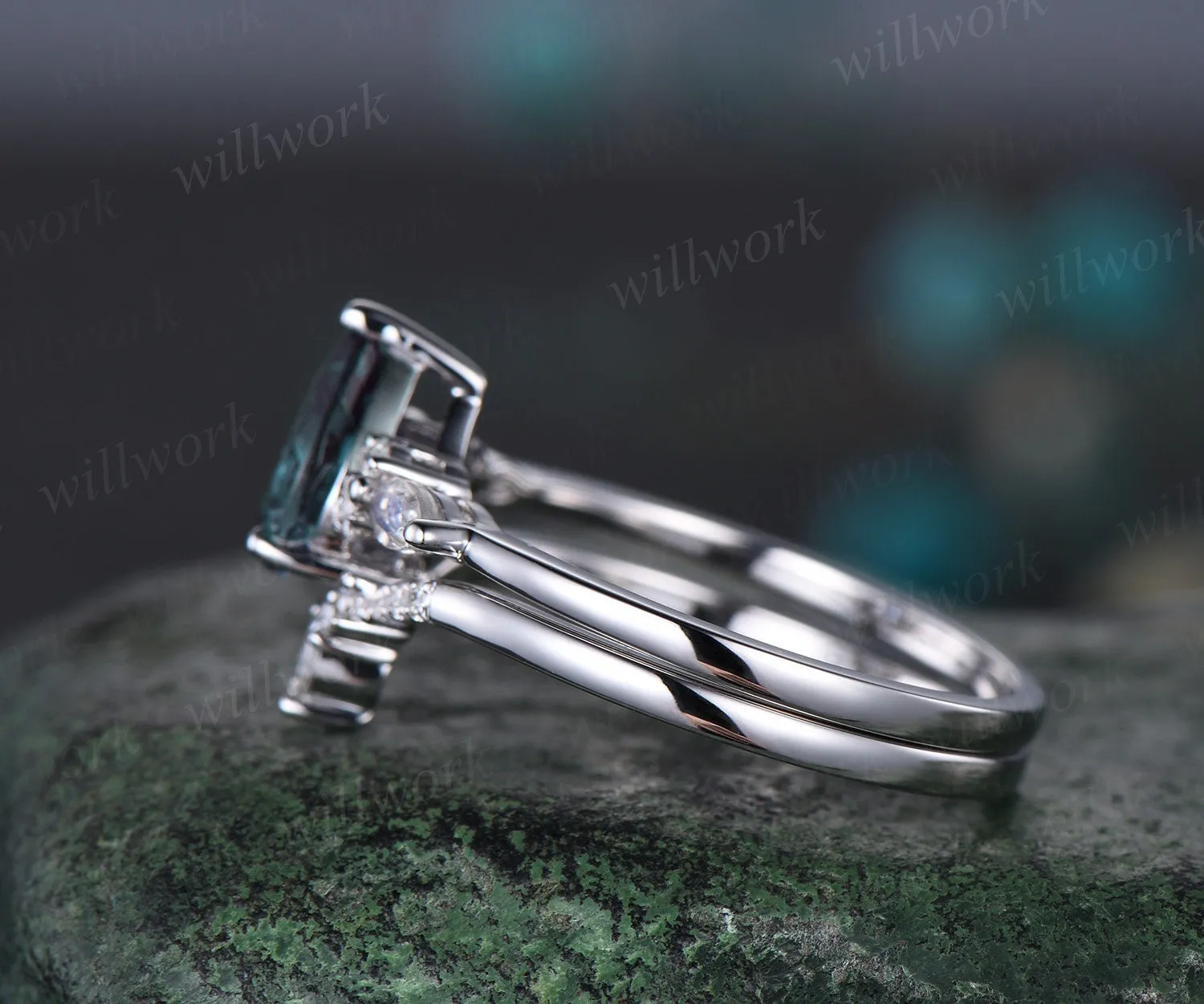 Pear shaped alexandrite engagement ring solid 14k white gold marquise moonstone ring vintage diamond wedding promise ring women her jewelry sold by Willwork Jewelry product image thumbnail 4