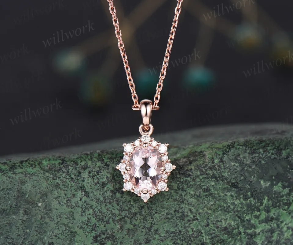Vintage oval morganite necklace solid 14k 18k gold unique star halo snowdrift diamond pendant women black stone anniversary gift jewelry made by Willwork Jewelry