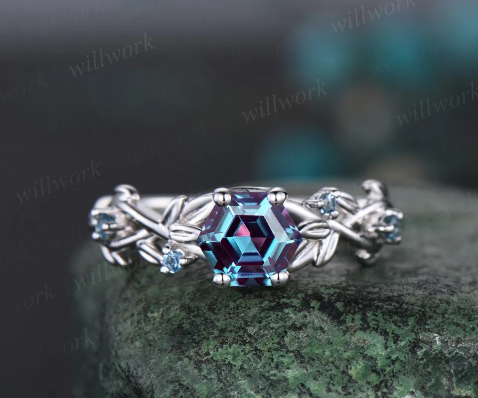 Leaf five stone hexagon Alexandrite engagement ring women white gold art deco East to west color changing gemstone promise ring her sold by Willwork Jewelry