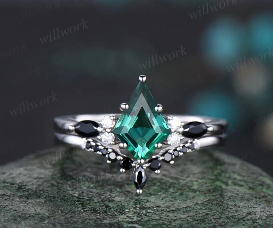 Kite emerald ring 6 prong emerald engagement ring set solid 14k white gold marquise black stone ring set women bridal set jewelry sold by Willwork Jewelry