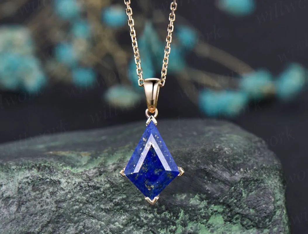 Kite lapis lazuli necklace solid 14k 18k rose gold vintage unique Personalized pendant women her wedding anniversary bridal gift mother made by Willwork Jewelry