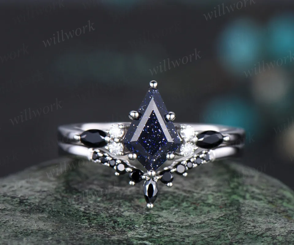 Galaxy kite blue sandstone emerald engagement ring set solid 14k white gold marquise black stone ring set women bridal set jewelry sold by Willwork Jewelry