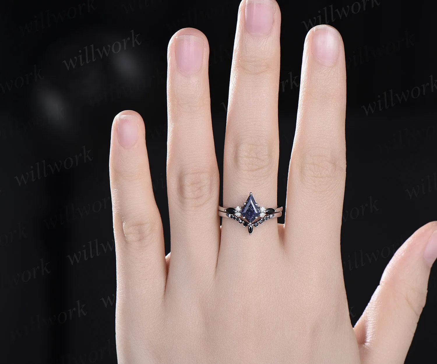 Galaxy kite blue sandstone emerald engagement ring set solid 14k white gold marquise black stone ring set women bridal set jewelry sold by Willwork Jewelry product image thumbnail 2
