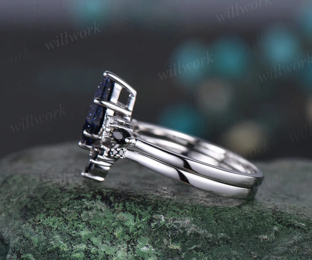 Galaxy kite blue sandstone emerald engagement ring set solid 14k white gold marquise black stone ring set women bridal set jewelry sold by Willwork Jewelry product image thumbnail 5
