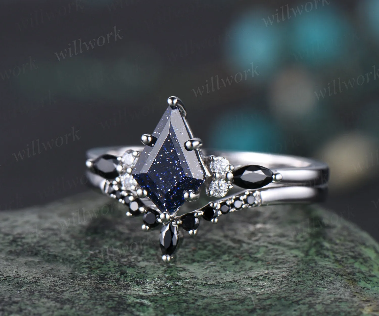 Galaxy kite blue sandstone emerald engagement ring set solid 14k white gold marquise black stone ring set women bridal set jewelry sold by Willwork Jewelry product image thumbnail 4