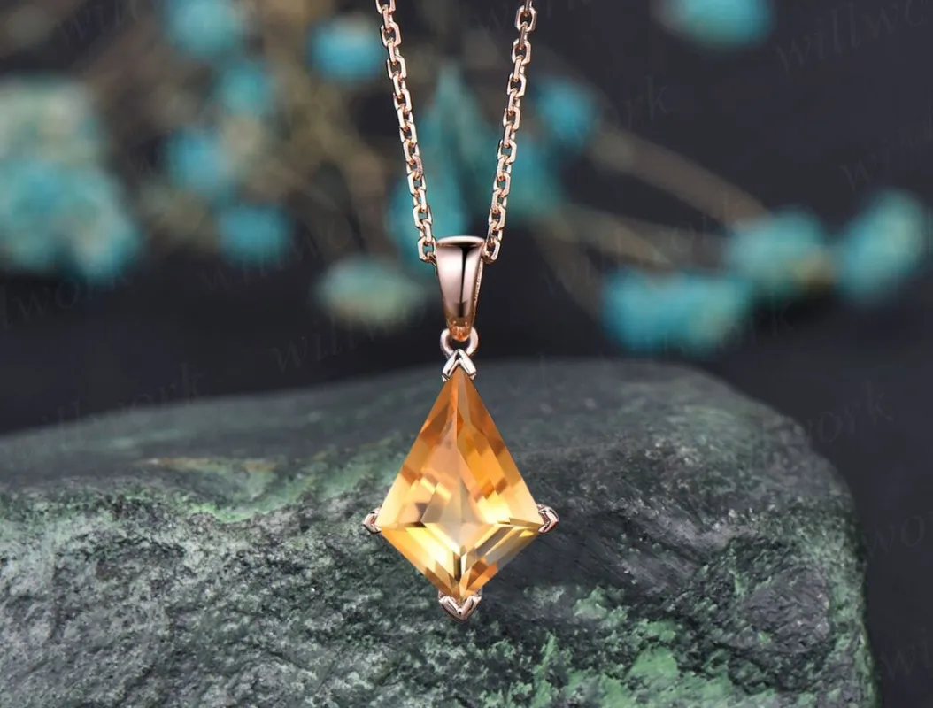 Kite yellow citrine necklace solid 14k 18k rose gold vintage unique Personalized pendant women her Crystal anniversary bridal gift mother sold by Willwork Jewelry