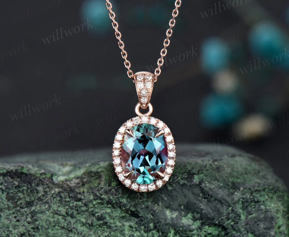 2ct oval cut alexandrite necklace solid 14k rose gold vintage unique halo diamond necklace pendant women June birthstone anniversary gift sold by Willwork Jewelry