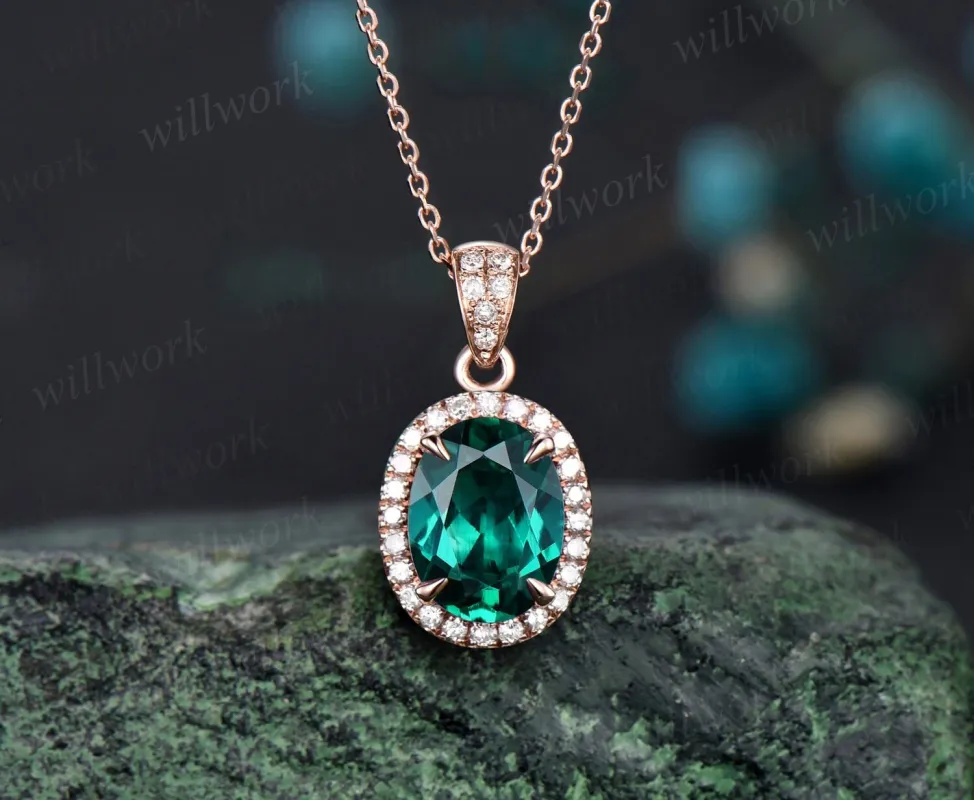 2ct oval cut green emerald necklace solid 14k rose gold vintage unique halo diamond necklace pendant women May birthstone anniversary gift sold by Willwork Jewelry