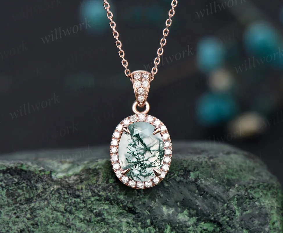 2ct oval cut green moss agate necklace solid 14k rose gold vintage unique halo diamond necklace pendant women promise anniversary gift sold by Willwork Jewelry