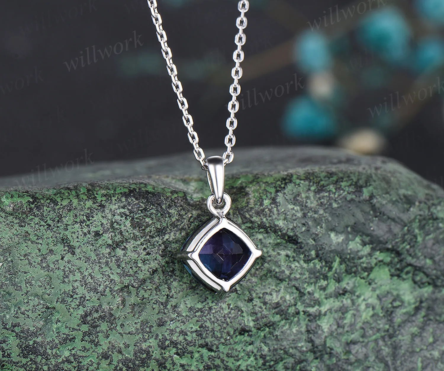 Dainty cushion cut alexandrite necklace solid 14k 18k white gold June birthstone pendant for women anniversary gifts sold by Willwork Jewelry product image thumbnail 4