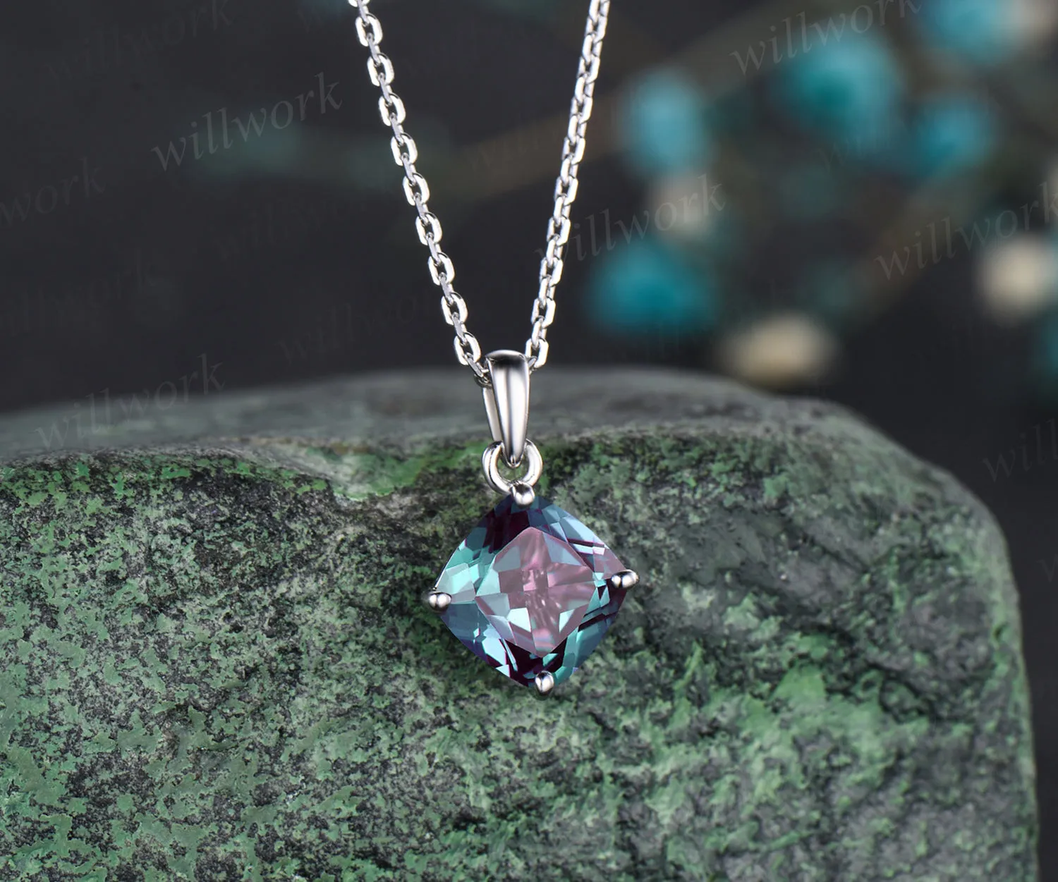 Dainty cushion cut alexandrite necklace solid 14k 18k white gold June birthstone pendant for women anniversary gifts sold by Willwork Jewelry product image thumbnail 3