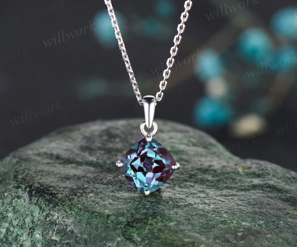 Dainty cushion cut alexandrite necklace solid 14k 18k white gold June birthstone pendant for women anniversary gifts sold by Willwork Jewelry