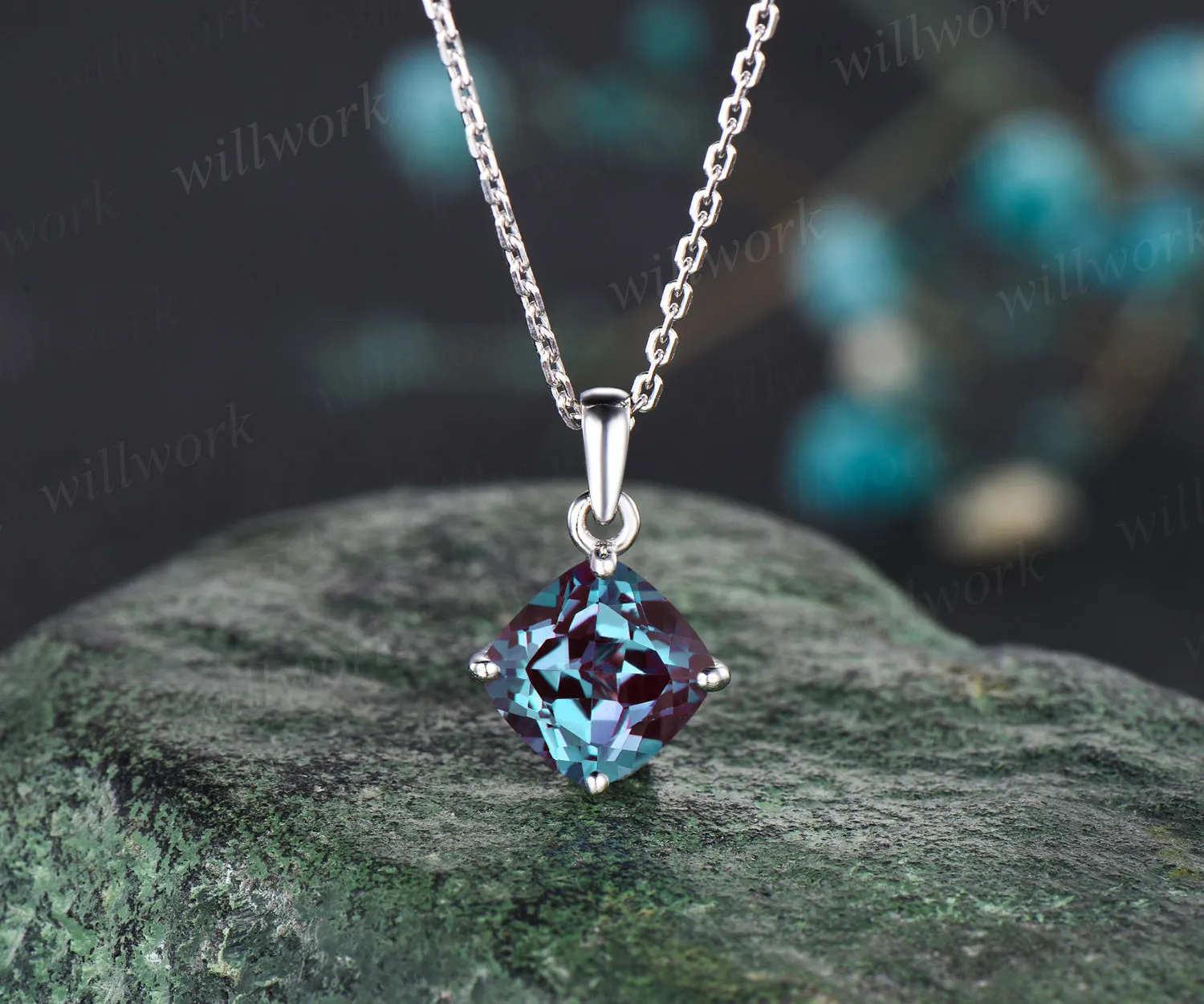 Dainty cushion cut alexandrite necklace solid 14k 18k white gold June birthstone pendant for women anniversary gifts sold by Willwork Jewelry