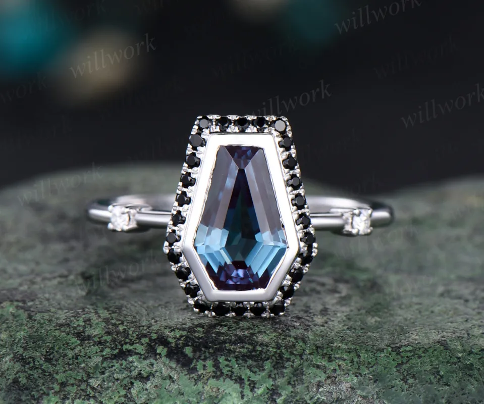 Unique coffin alexandrite engagement ring black diamonds halo alexandrite ring bridal wedding ring anniversary gifts for women sold by Willwork Jewelry